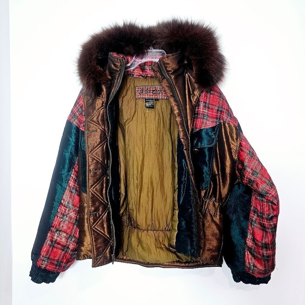 Vintage 90s East West REAL FOX FUR Trim Holiday Plaid Ski Jacket Size L